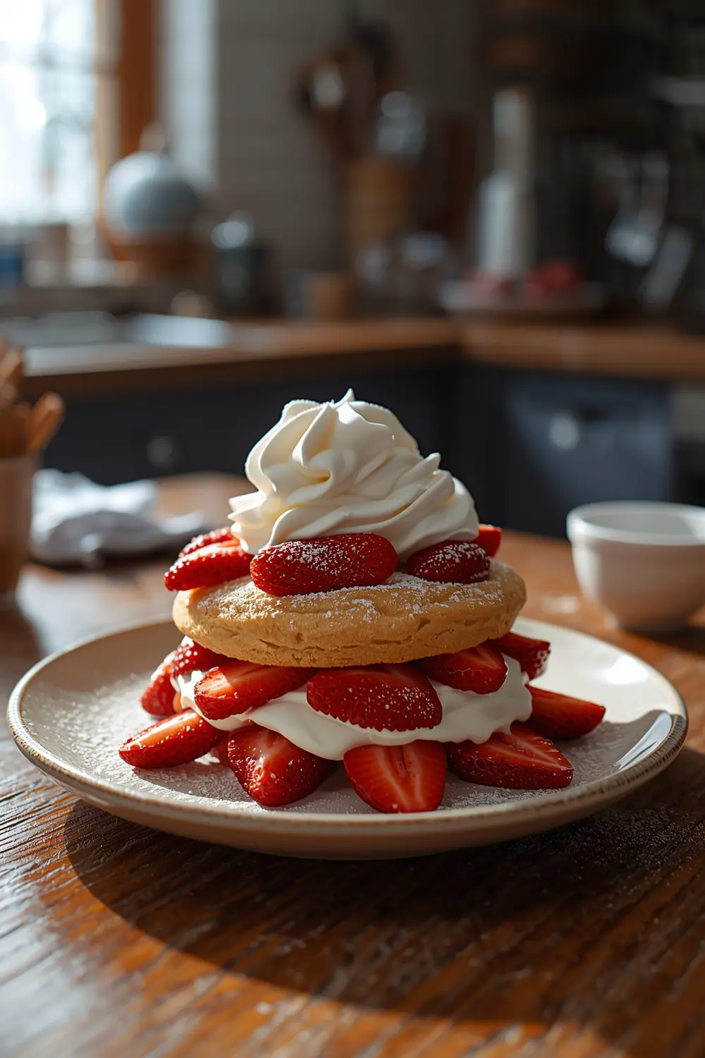 A photo of a strawberry shortcake with whipped cream and fresh strawberries