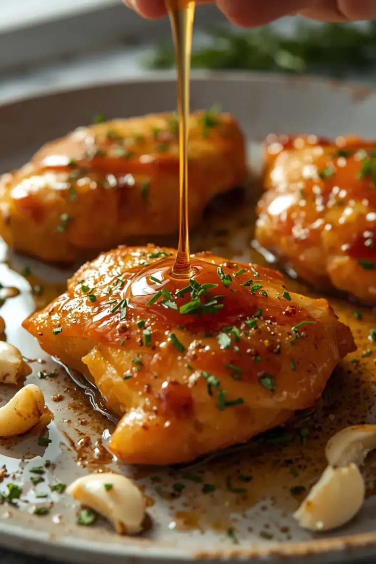 A close-up photo of a glazed chicken breast with honey and garlic