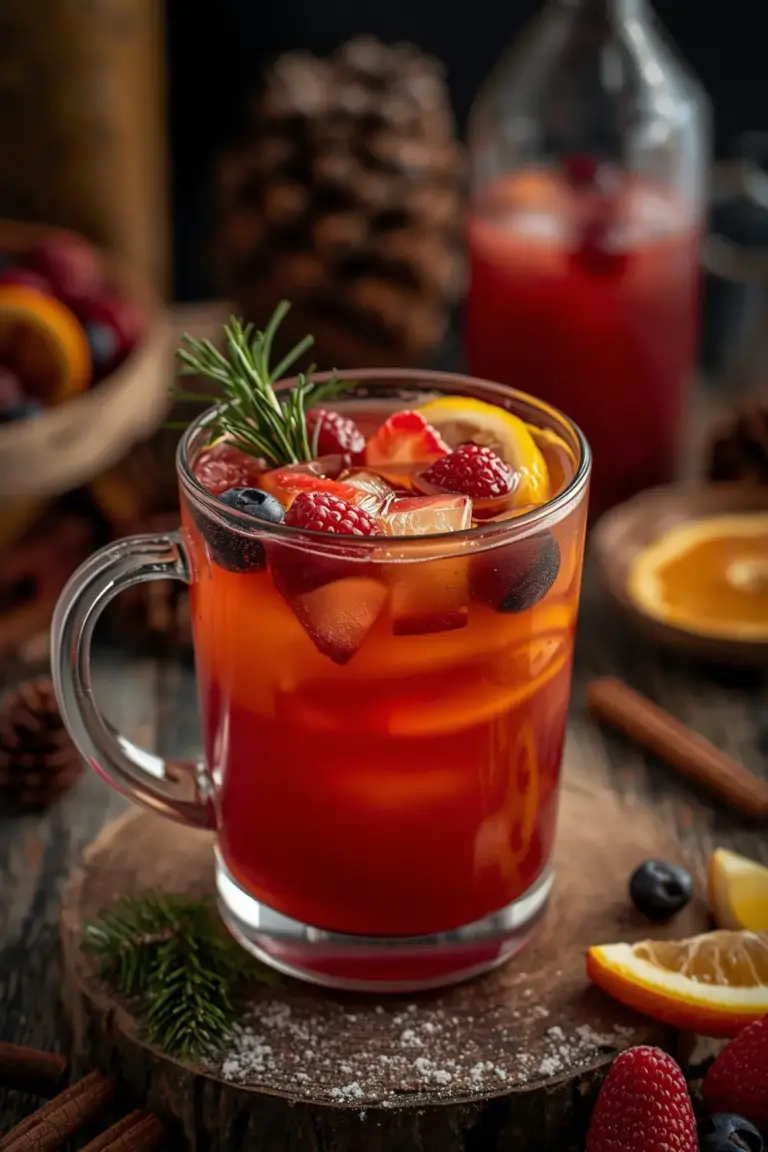 Close up photo of Hot Alcohol-Free Christmas Punch with Fresh Fruit