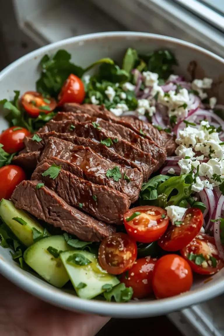 A photo of a keto steak meal prep bowl with mixed greens, cherry tomatoes, cucumber, red onion, feta cheese, and parsley