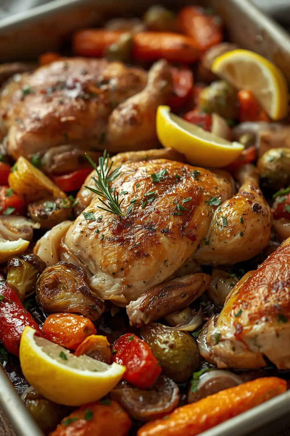 A photo of a roasted chicken and vegetables in a baking sheet, garnished with herbs and lemon