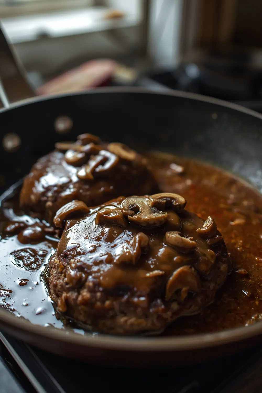 A photo of a pan with two Salisbury steak patties covered in a creamy mushroom gravy