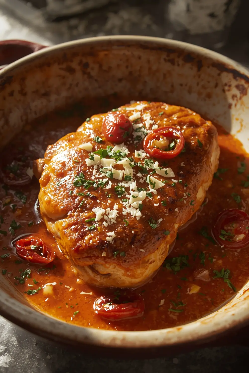 A photo of a chicken breast in a creamy sauce, topped with parmesan cheese and parsley, served in a shallow dish