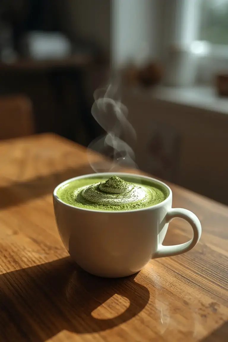 A photo of a matcha green tea latte in a cup with whipped cream and matcha powder on top