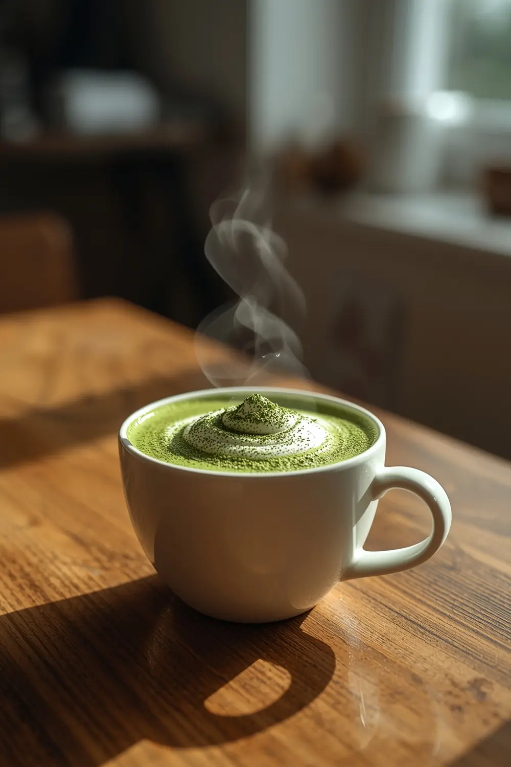 A photo of a matcha green tea latte in a cup with whipped cream and matcha powder on top