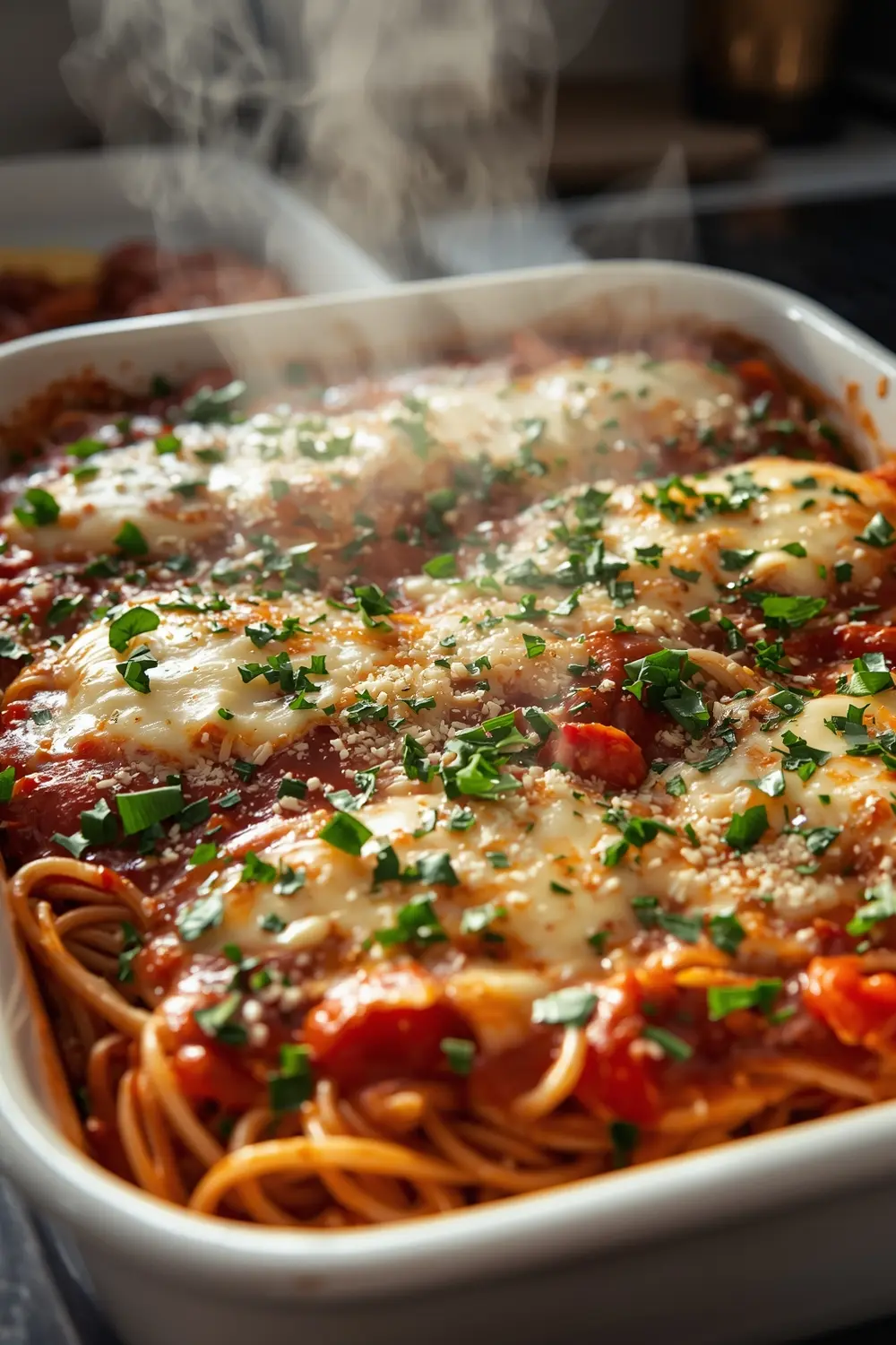 A photo of a baking dish filled with spaghetti, marinara sauce, and melted cheese.