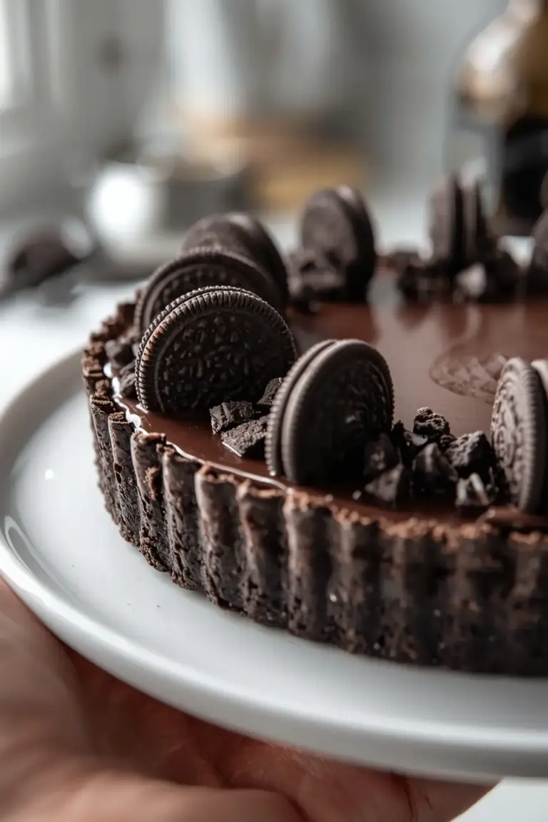 A photo of a no-bake Oreo tart with a dark chocolate ganache and Oreo cookie decorations