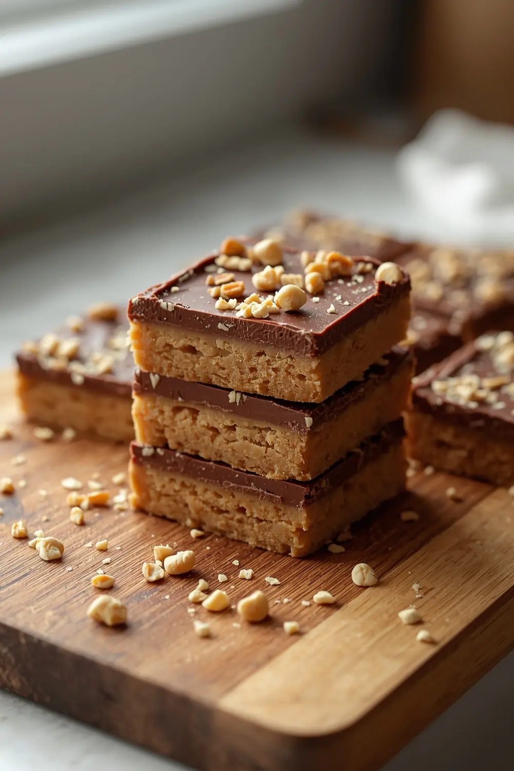A stack of no-bake peanut butter bars with a chocolate and peanut topping