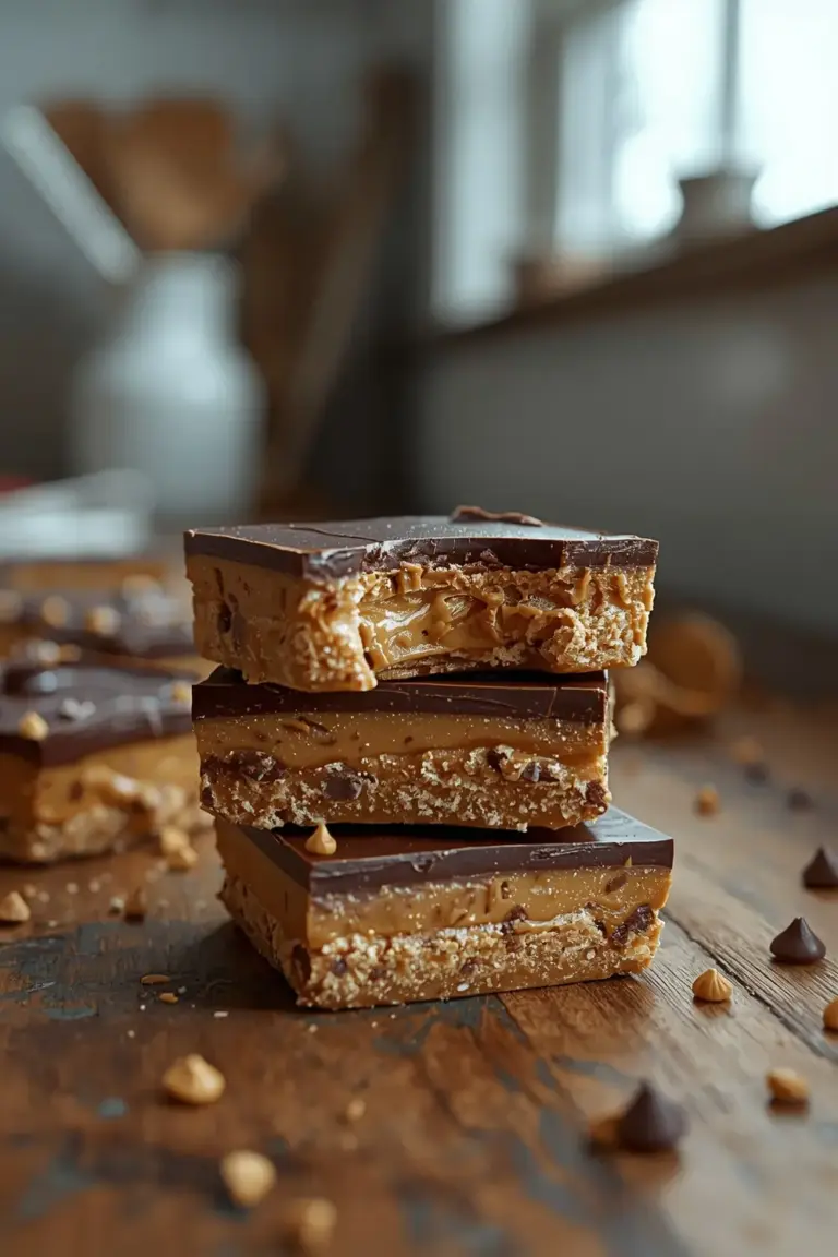 A stack of no-bake peanut butter chocolate bars with a broken bar showing the layers