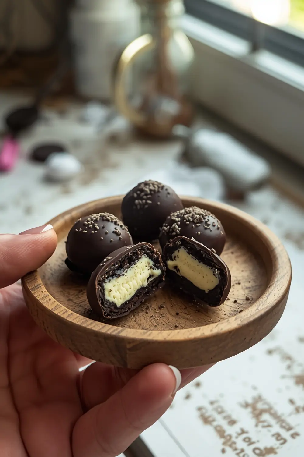 A photo of Oreo truffles on a wooden plate