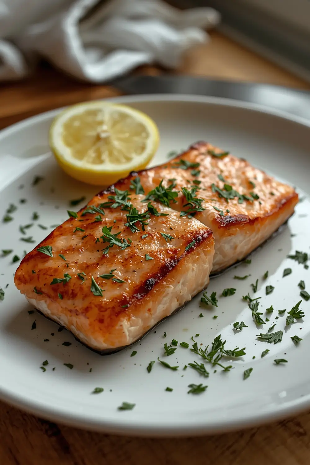 A photo of a pan-seared Coho salmon steak on a plate, garnished with parsley, dill, and lemon