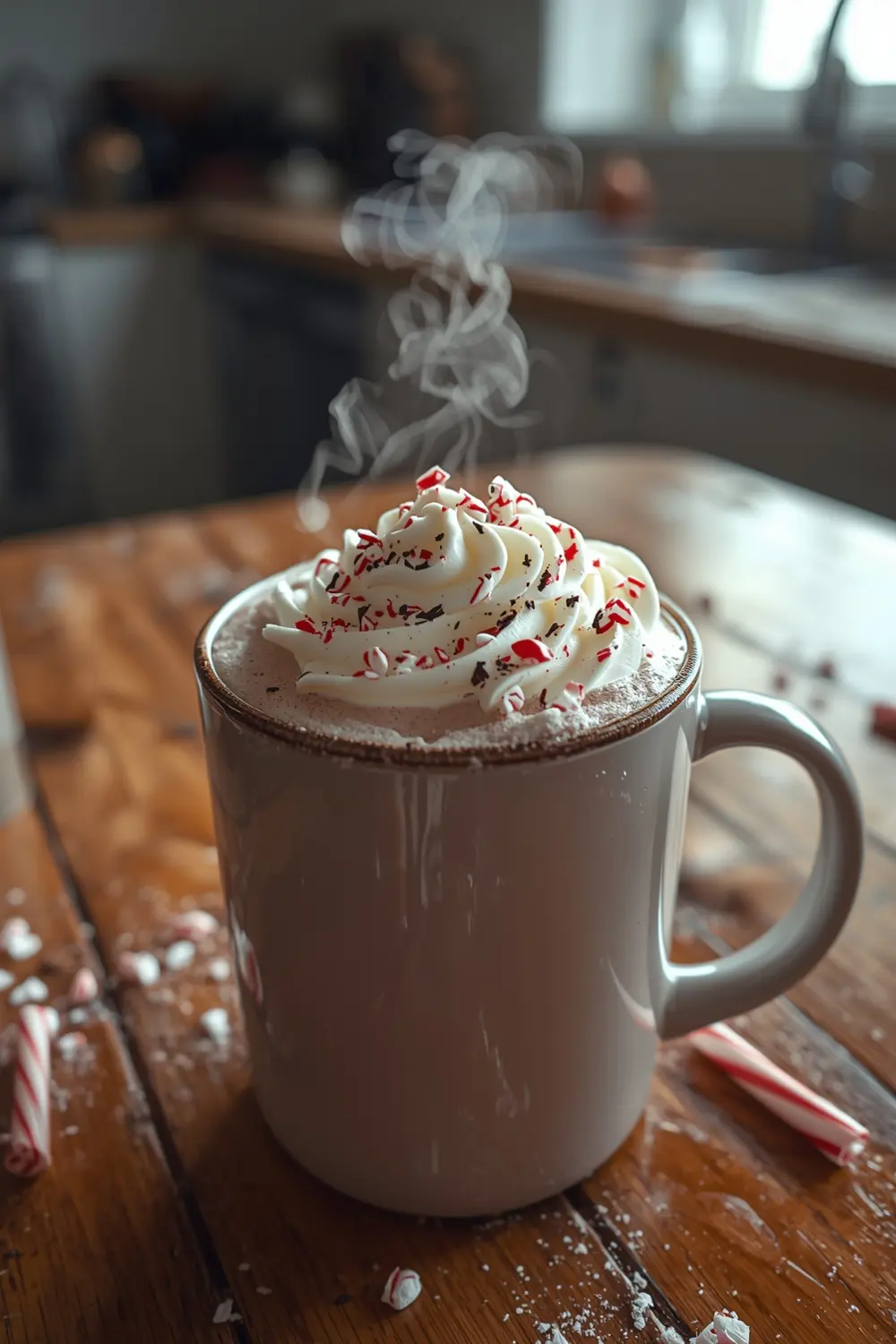 A photo of a mug of peppermint hot chocolate with whipped cream and crushed candy canes on top