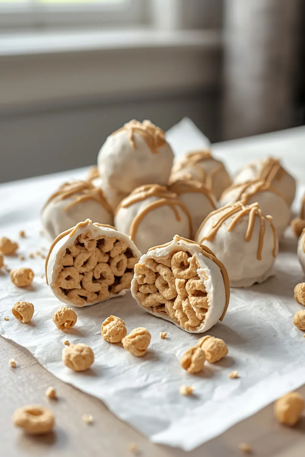 A handful of puppy chow truffles with peanut butter filling and chocolate coating