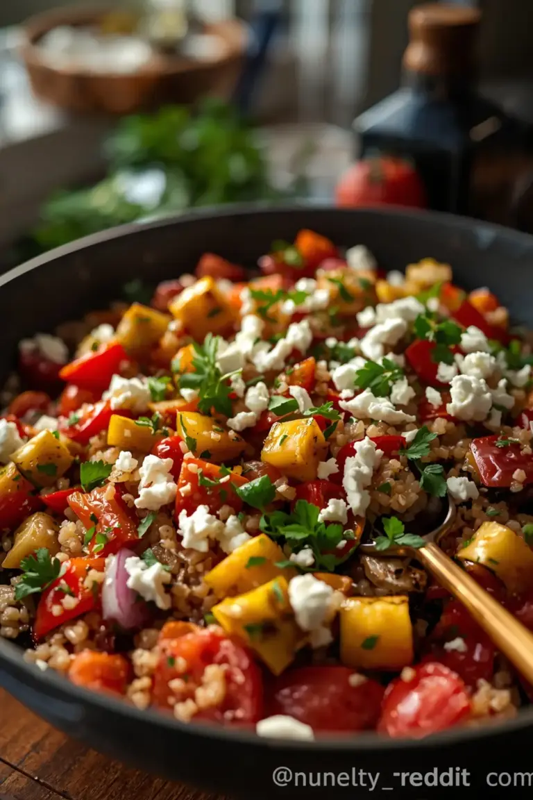 A close-up of a quinoa salad with roasted vegetables, topped with feta cheese and parsley