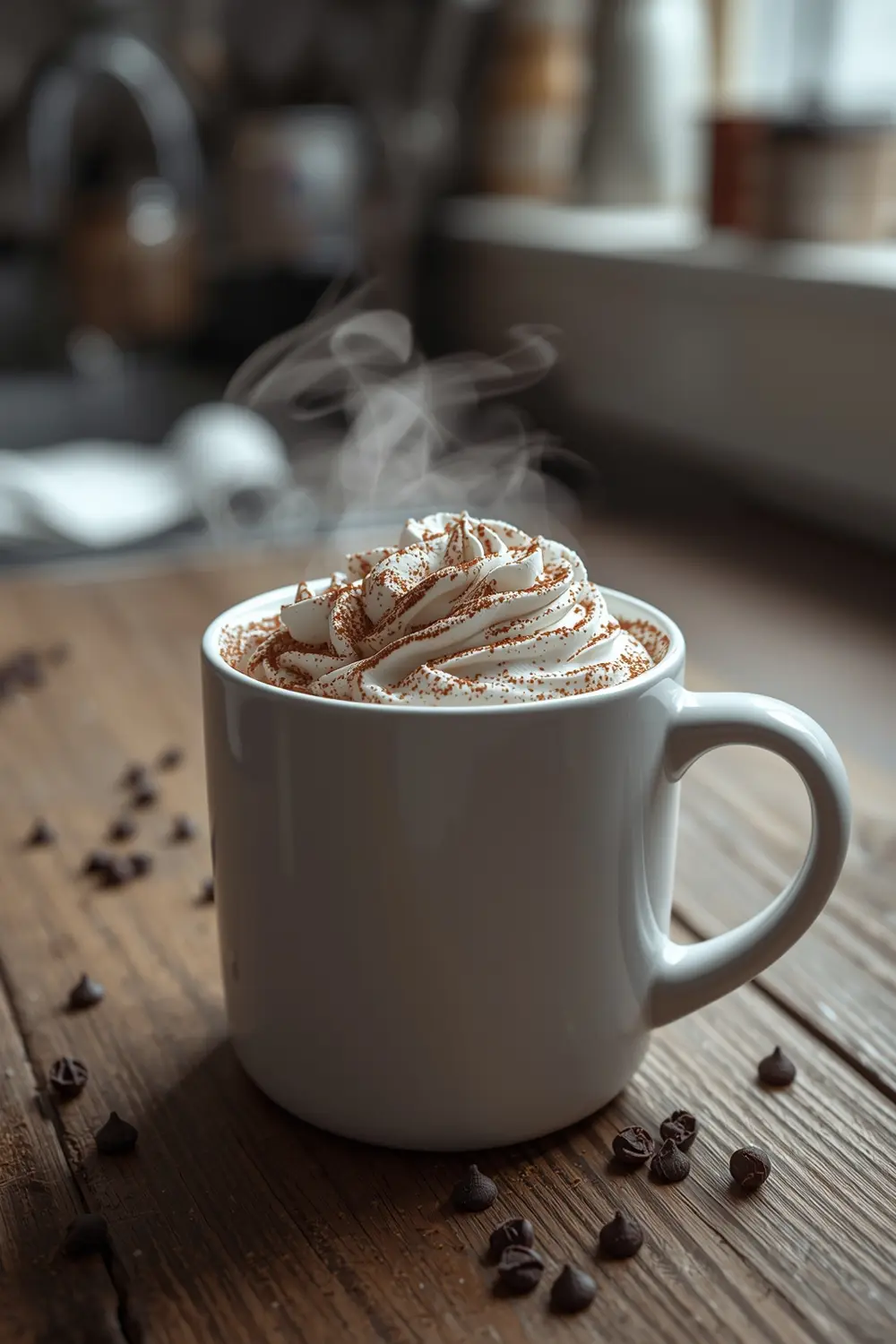 A photo of a steaming mug of homemade hot cocoa topped with whipped cream and chocolate chips