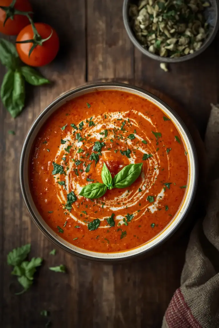 Close up photo of Roasted Tomato Basil Soup