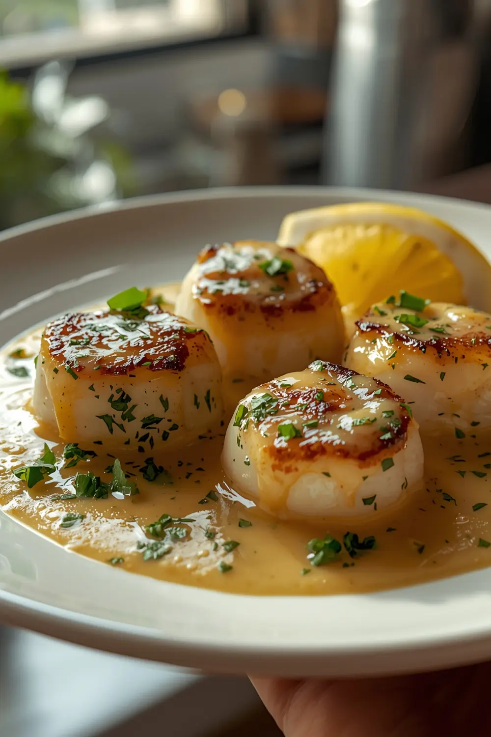 Close-up of scallops in white wine sauce with parsley and lemon