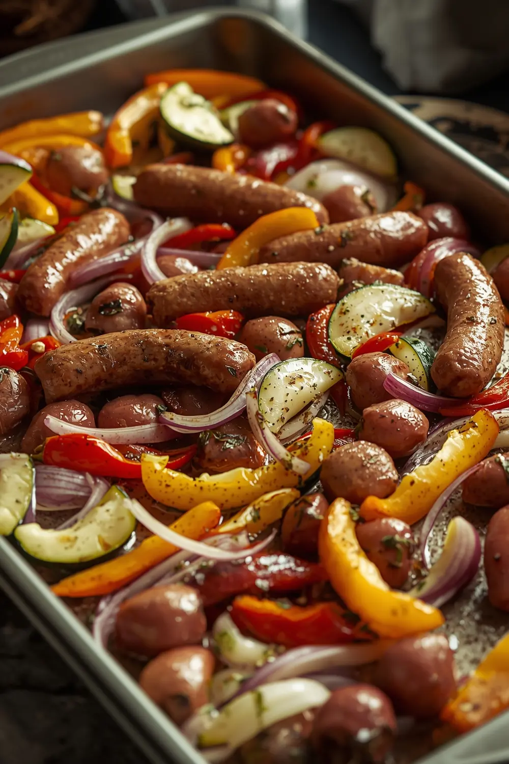 A sheet pan filled with roasted sausage and vegetables