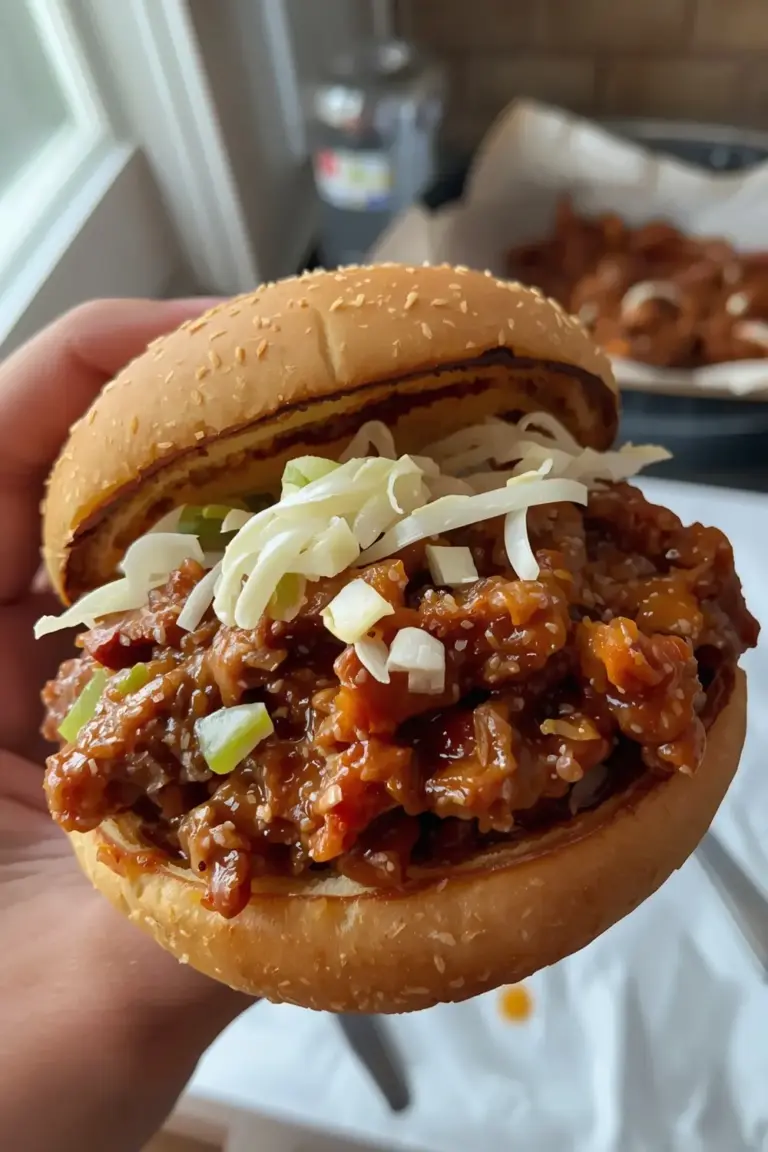 A photo of a sloppy joe sandwich with coleslaw on a bun