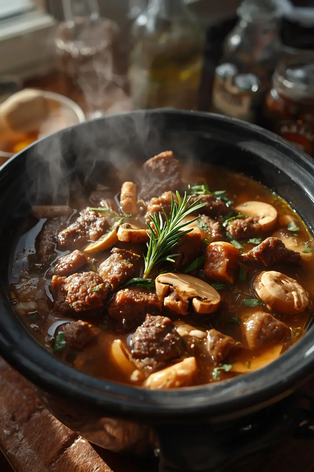 A photo of a delicious slow cooker beef stew with mushrooms, rosemary, and tomatoes in a bowl.