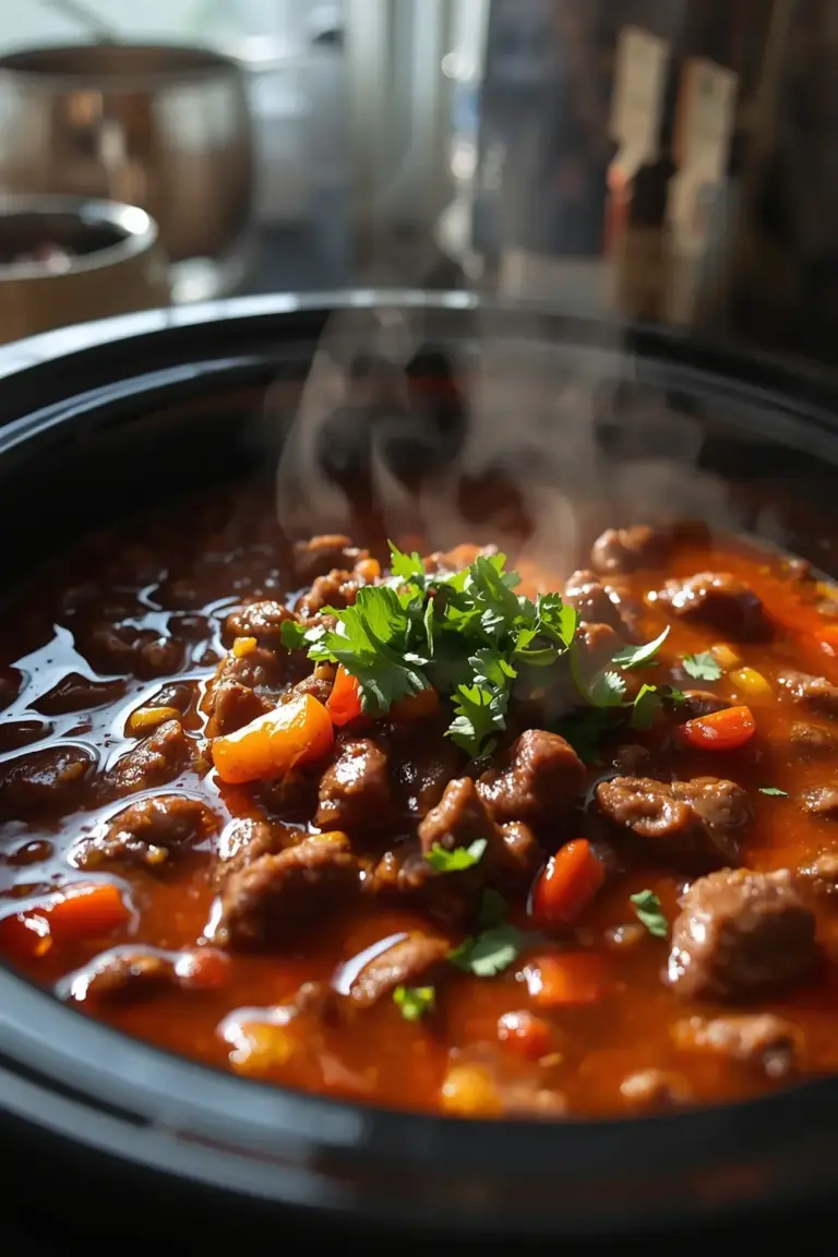 A photo of a bowl of slow cooker ground beef chili with cilantro on top