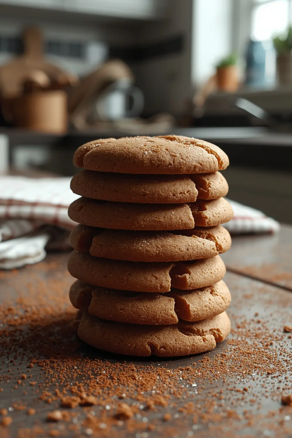 A stack of soft gingerbread cookies on a wooden table