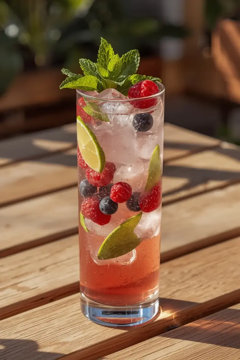 A glass of Sparkling Rosé Mocktail with fresh mint leaves, lime slice, and berries, on a wooden table