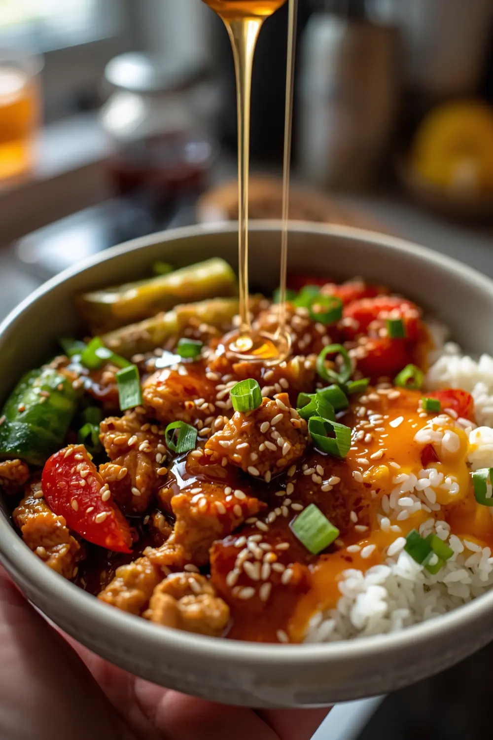 A photo of a delicious Firecracker Ground Chicken Bowl with a variety of roasted vegetables and steamed white rice, topped with toasted sesame seeds and chopped green onions