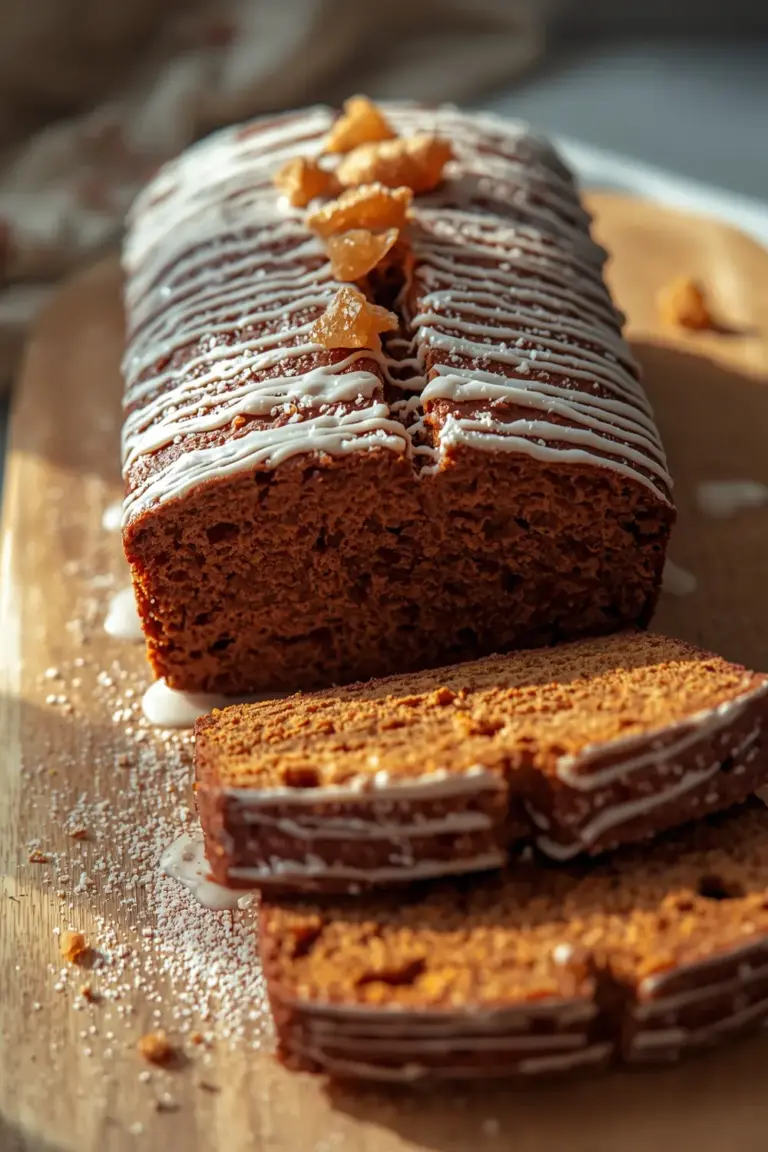 A photo of a sliced gingerbread loaf with a white glaze and crystallized ginger on top