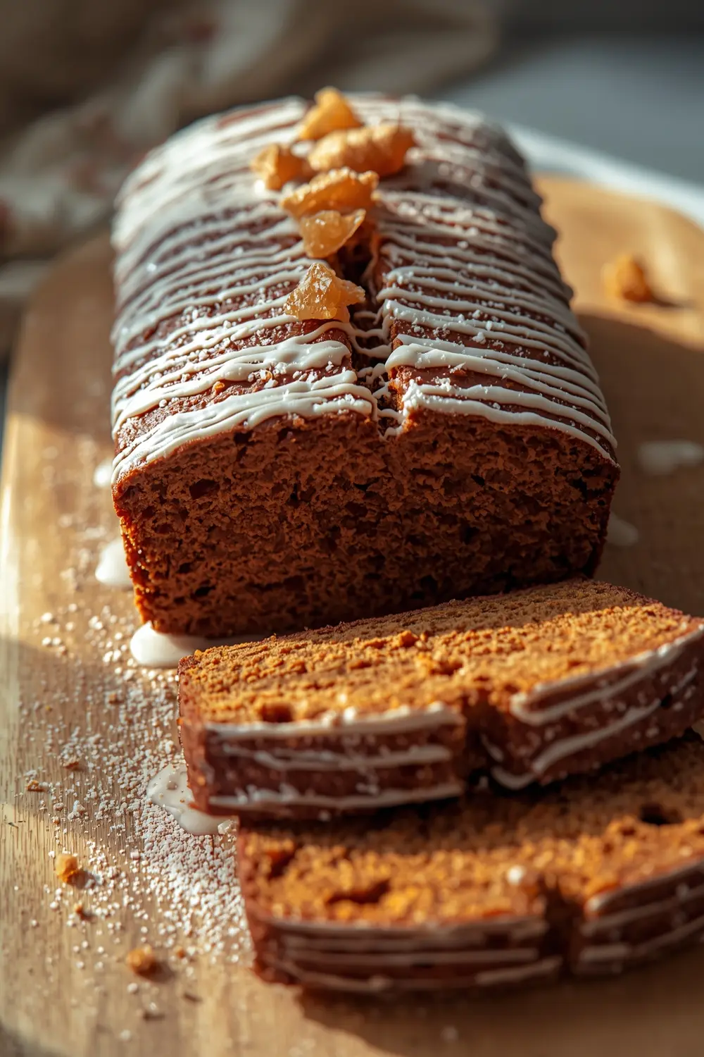 A photo of a sliced gingerbread loaf with a white glaze and crystallized ginger on top