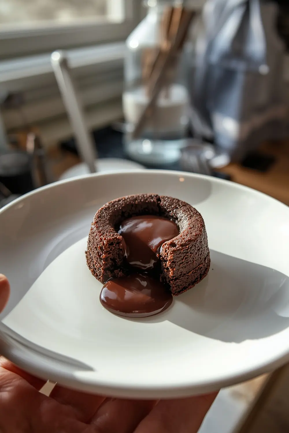 A close-up of a molten chocolate lava cake with warm chocolate sauce oozing out