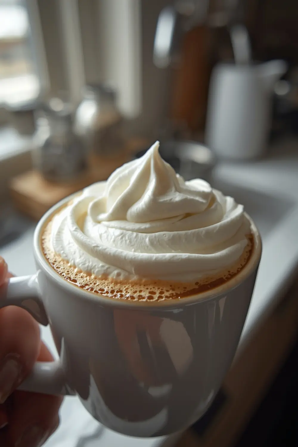 A close-up of a mug of whipped coffee with a generous dollop of whipped cream