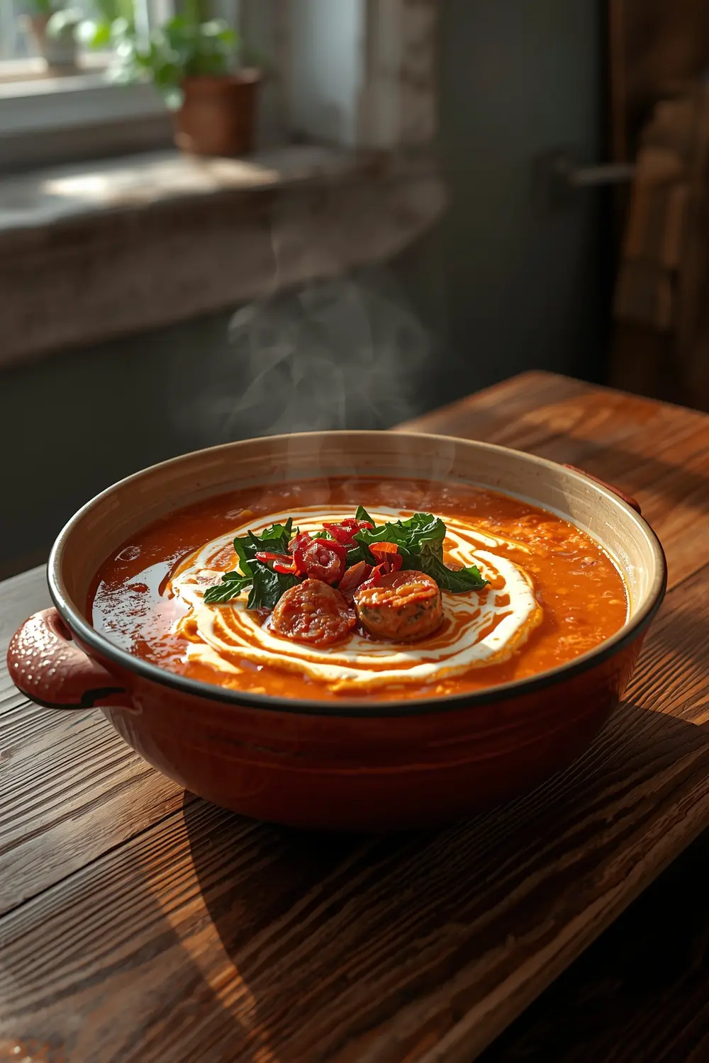 A bowl of creamy Italian sausage and kale soup, topped with crispy bacon