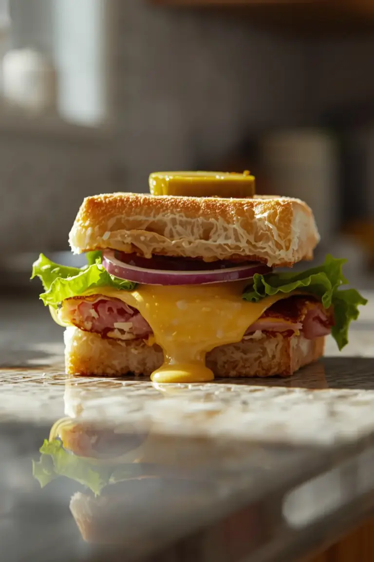 A close-up photo of a ham and cheese slider on a kitchen counter