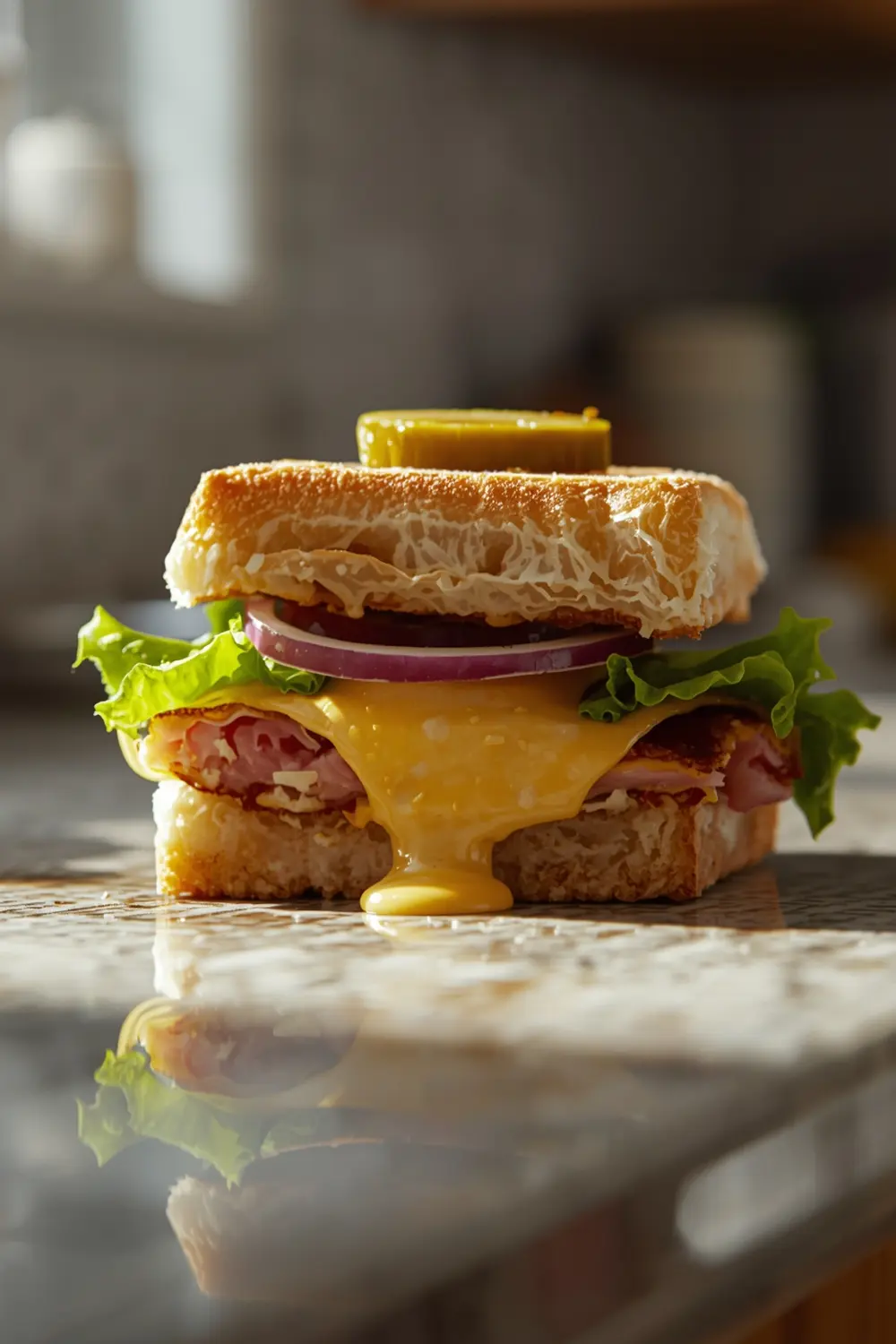 A close-up photo of a ham and cheese slider on a kitchen counter