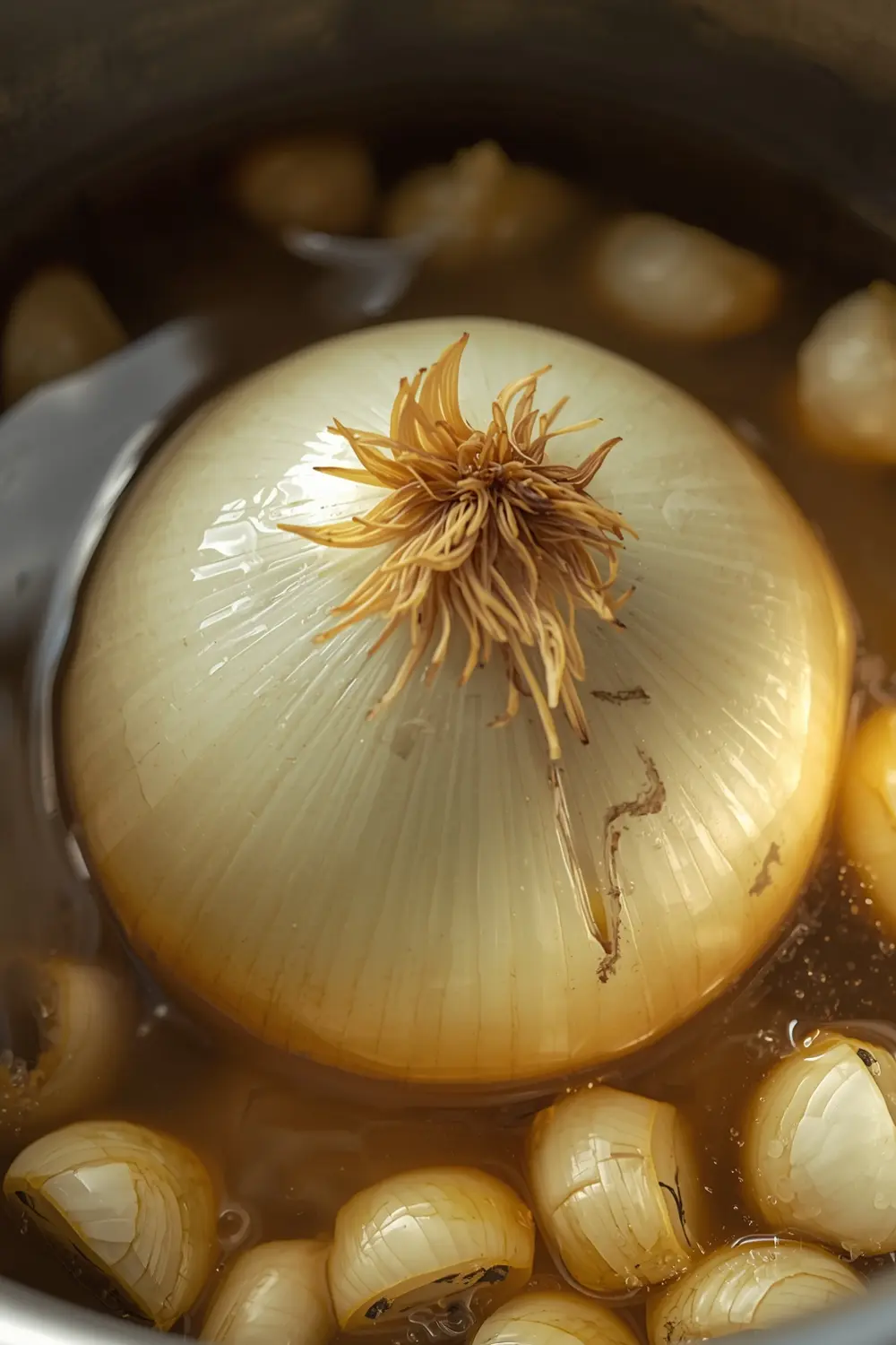 A photo of a boiled onion in a pot of chicken broth and water