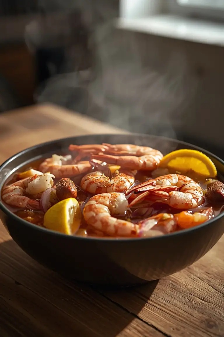 A photo of a spicy Cajun onion boil with shrimp, smoked sausage, and onions