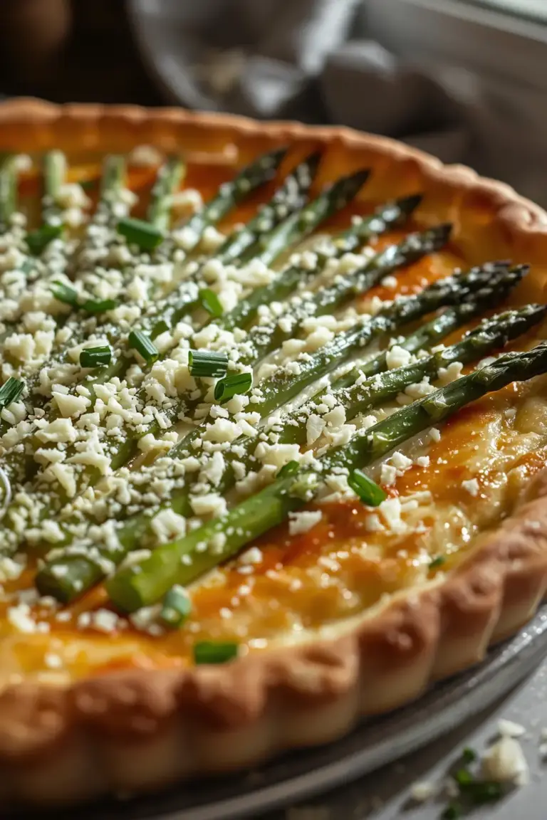 Freshly baked tart filled with asparagus and Gruyere cheese