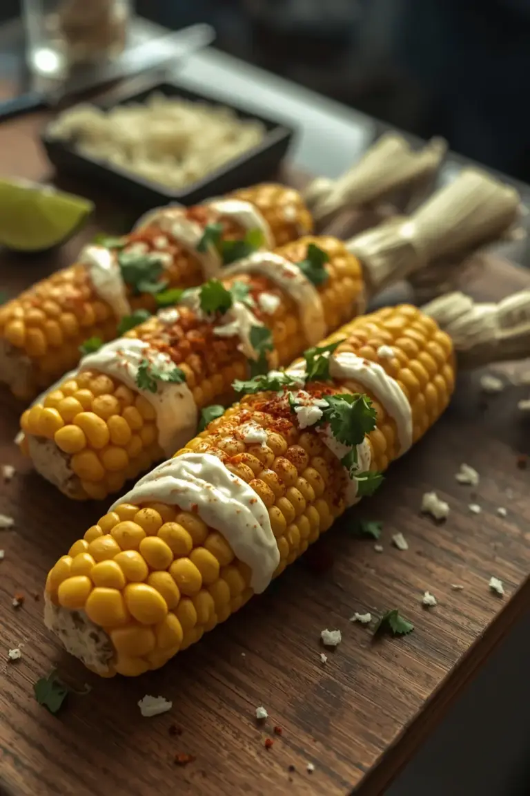 Grilled Mexican street corn with mayonnaise, crema, cotija cheese, and cilantro