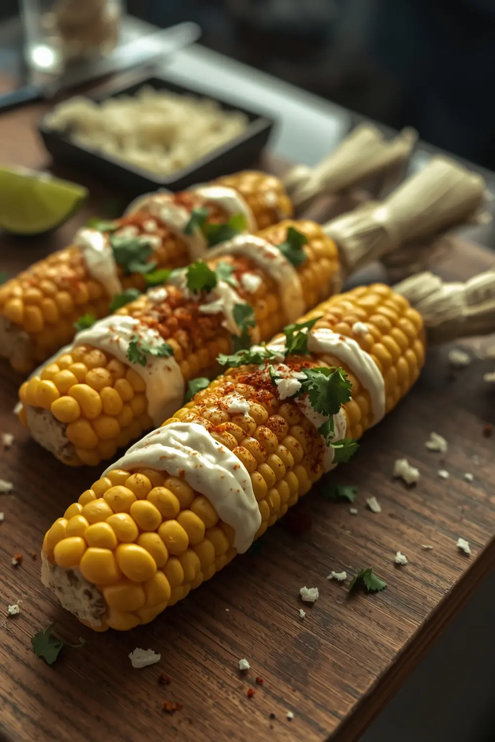 Grilled Mexican street corn with mayonnaise, crema, cotija cheese, and cilantro