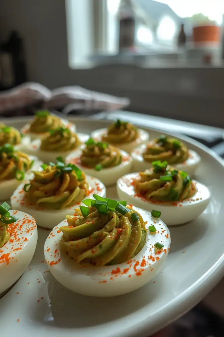 A plate of deviled eggs with avocado filling and paprika garnish