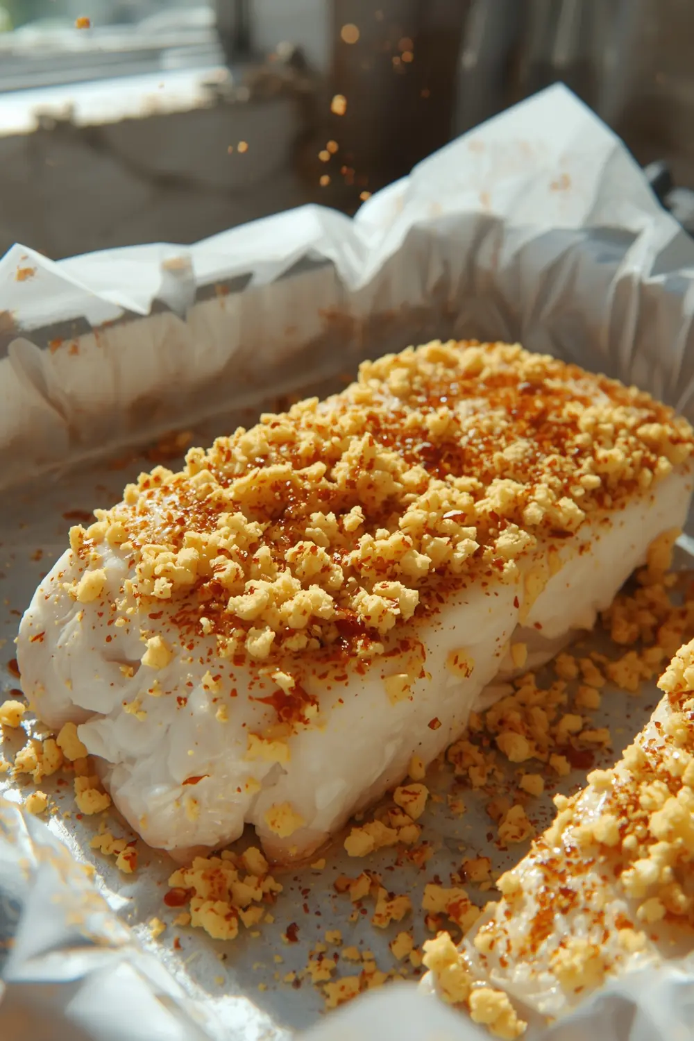 A close-up of baked cod with lemon butter and panko breadcrumbs