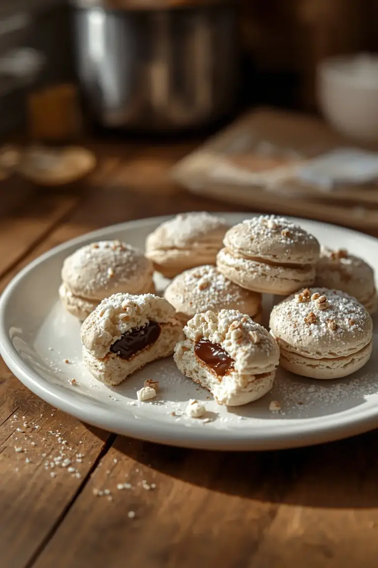 A plate of coconut macaroons with dark chocolate centers and chopped nuts, sprinkled with confectioners' sugar