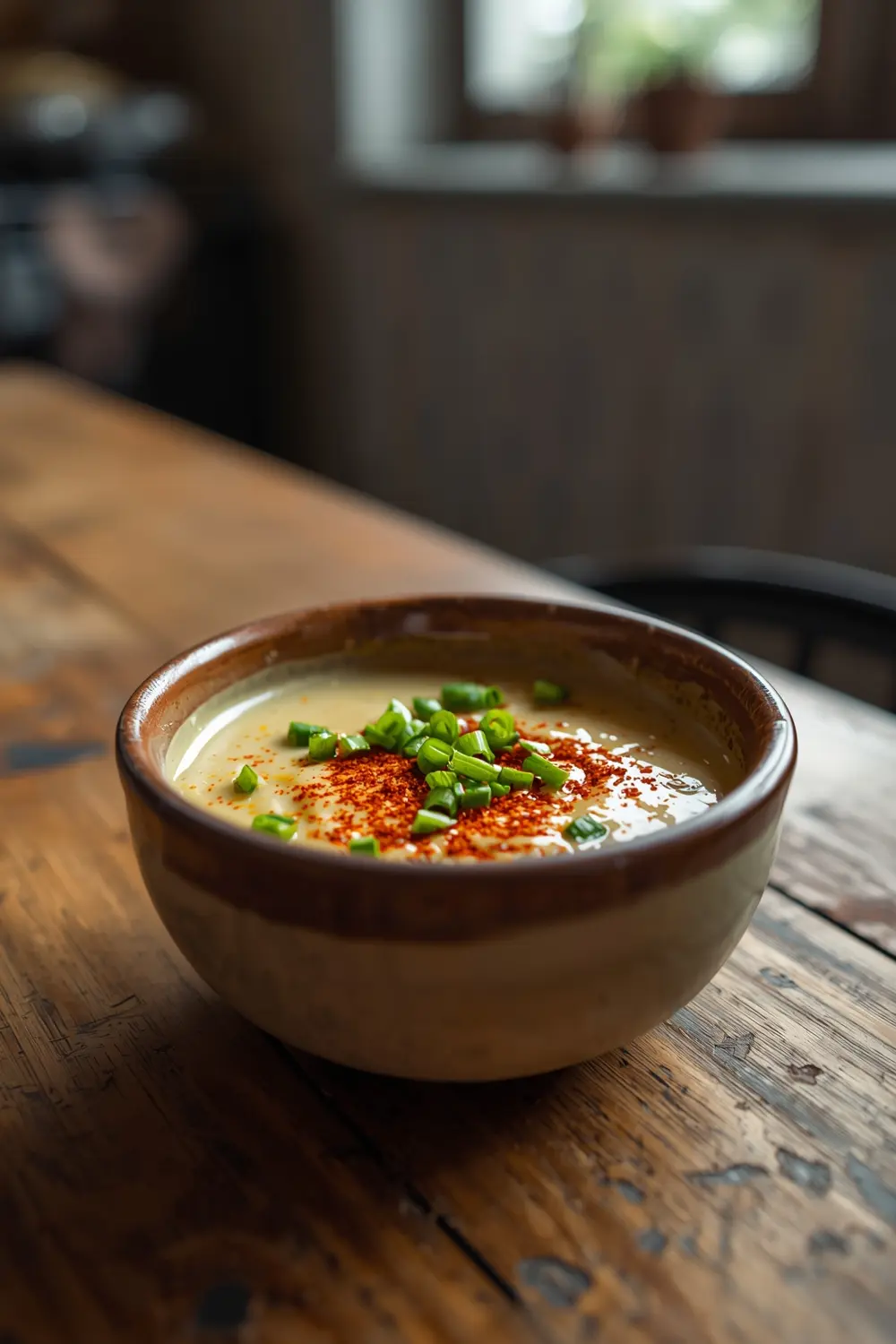 A photo of a creamy Cajun butter sauce in a small ceramic bowl, garnished with scallions and paprika