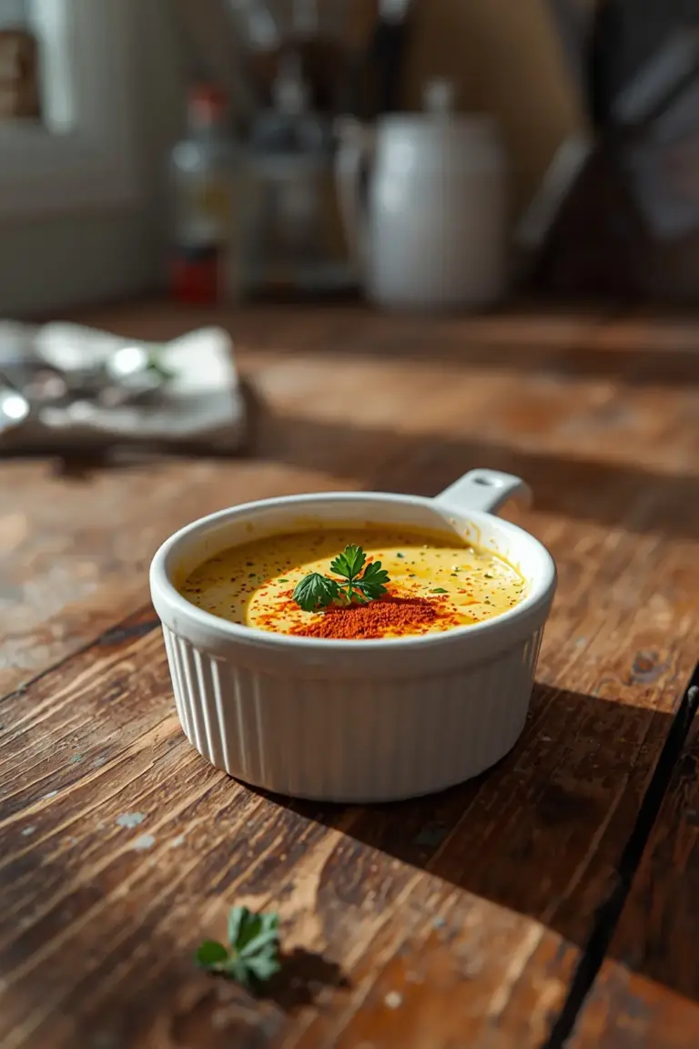 A photo of a sauceboat filled with Cajun butter sauce