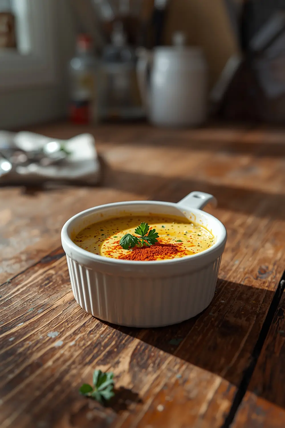 A photo of a sauceboat filled with Cajun butter sauce