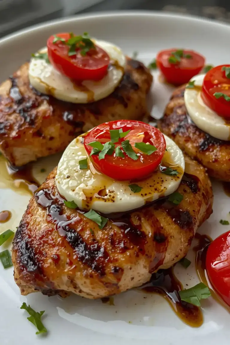 Grilled chicken breast with mozzarella, cherry tomatoes, and basil