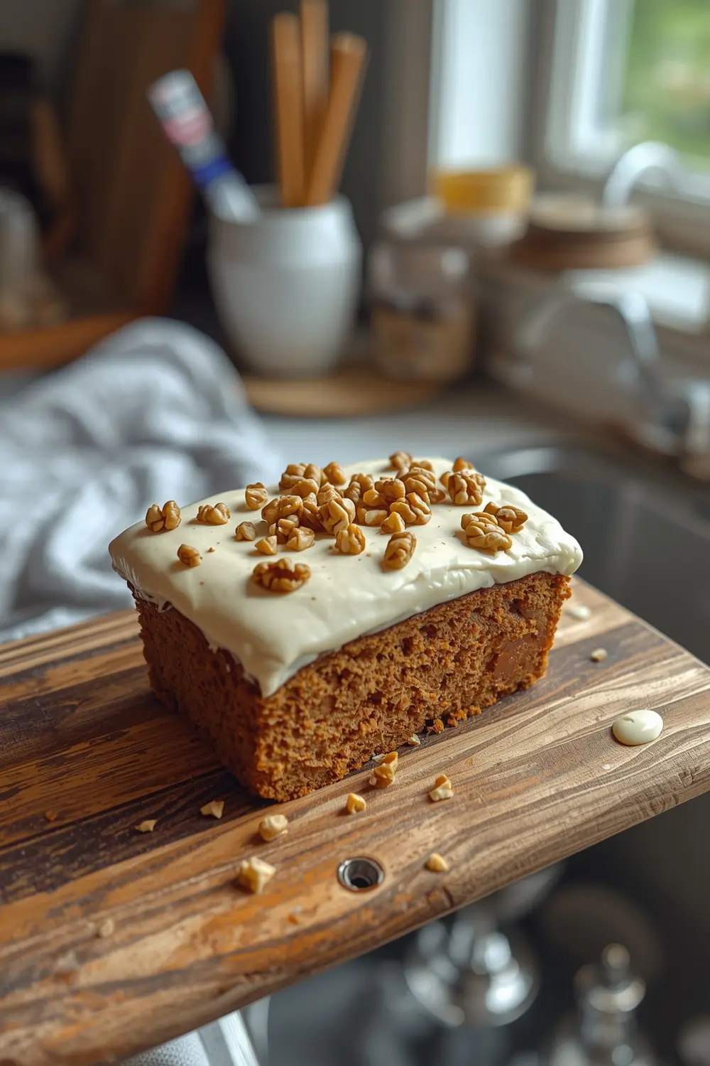 A slice of carrot cake bread with cream cheese frosting and chopped walnuts