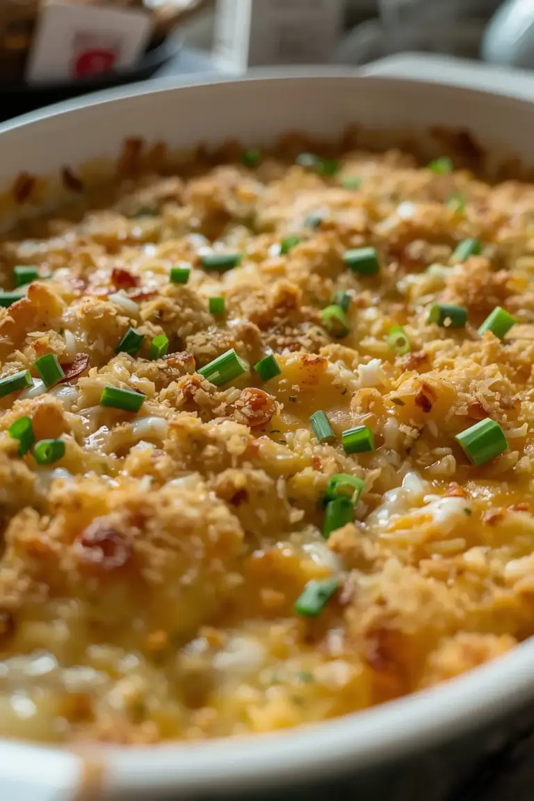 A close-up of a baked scalloped potatoes dish with a golden-brown topping and chopped chives