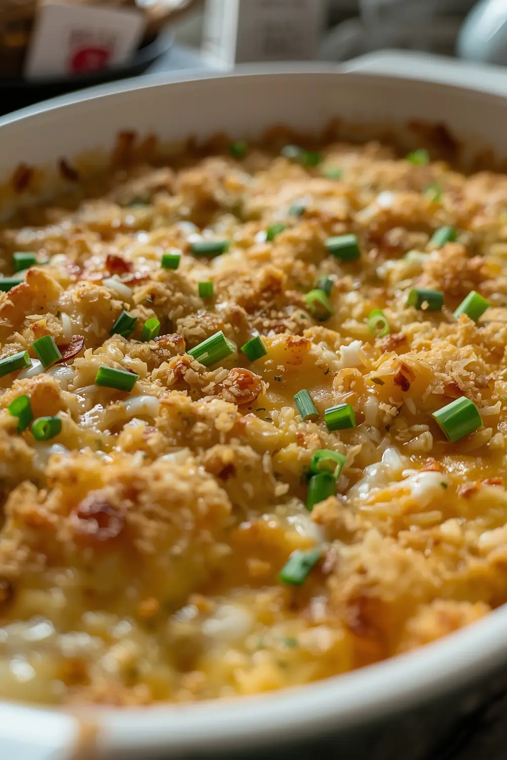 A close-up of a baked scalloped potatoes dish with a golden-brown topping and chopped chives